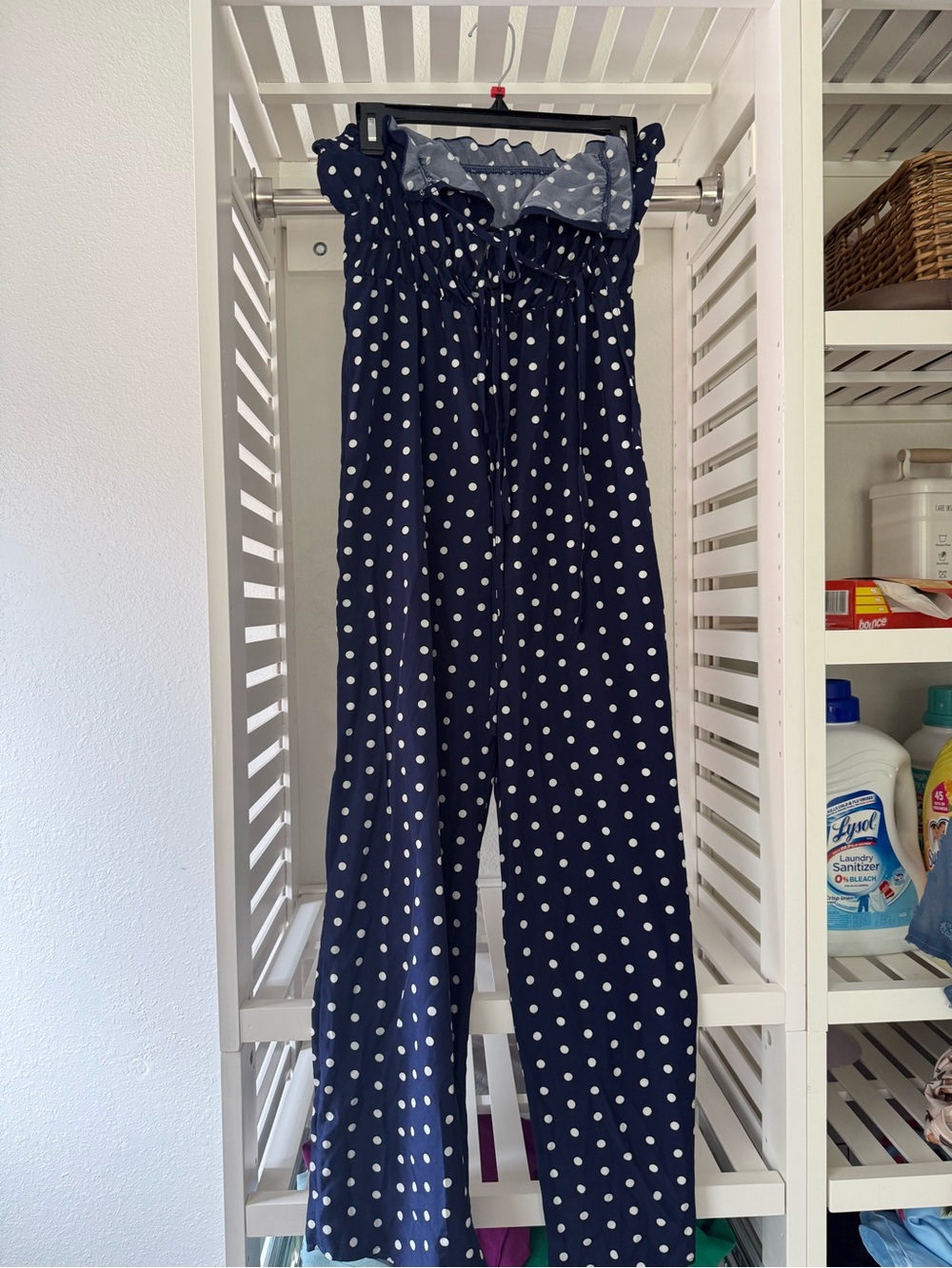 0028SHEIN Navy Blue Polka Dot Strapless Jumpsuit